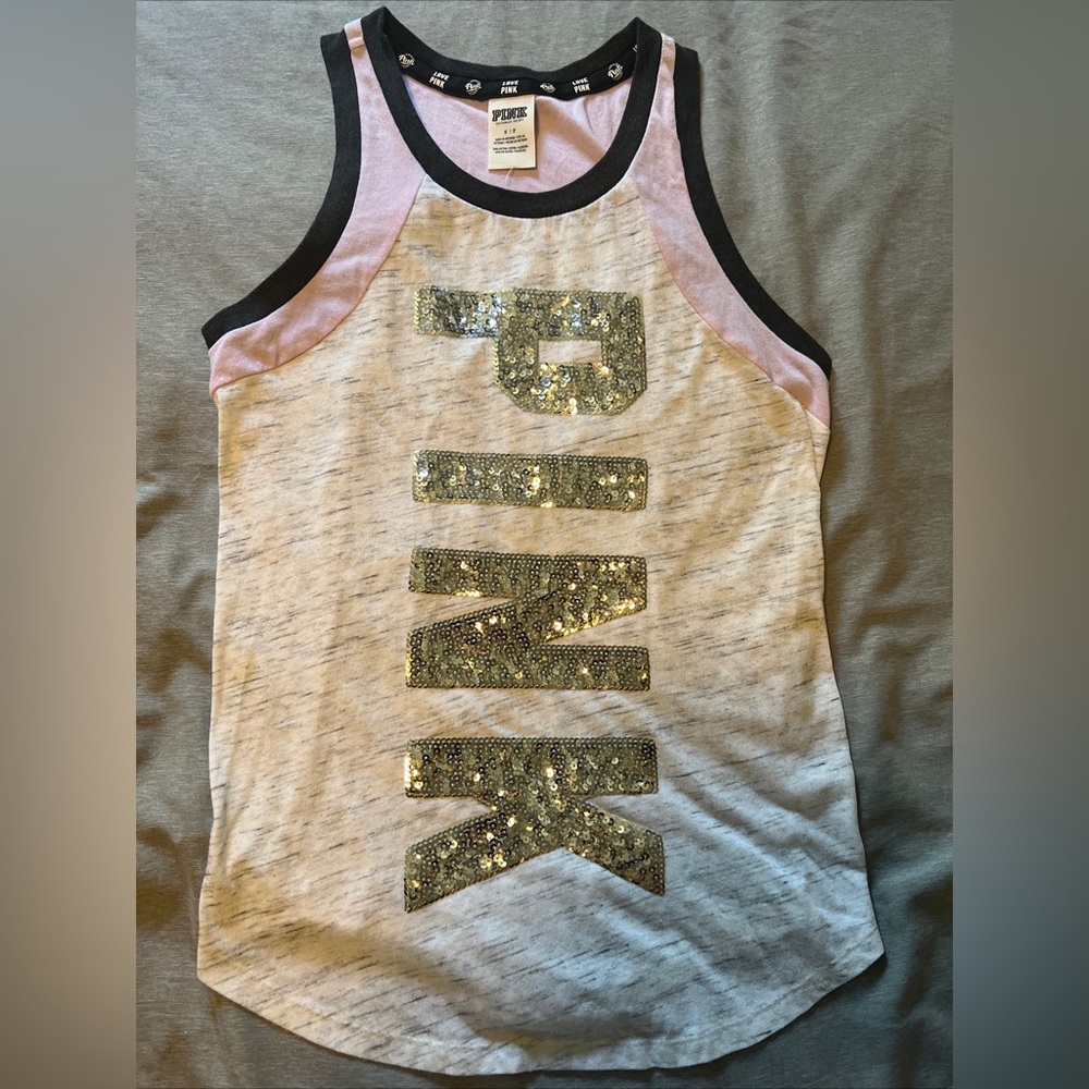 VICTORIA'S SECRET PINK MARL GREY BLING NECK LOGO SEQUIN TANK S